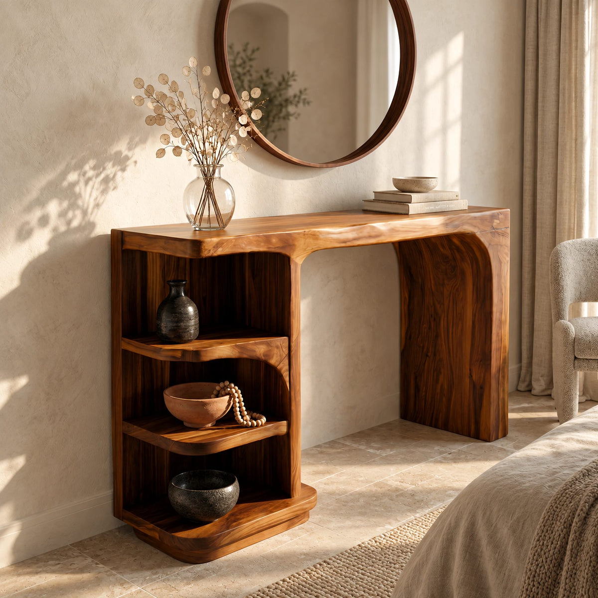 Mid Century Waterfall Vanity Desk With Curved Shelf Column For Bedroom