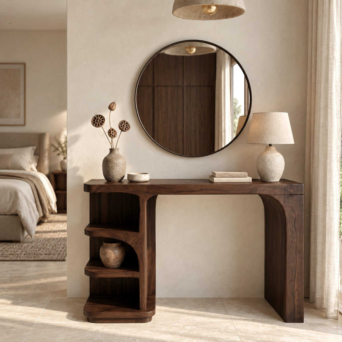 Mid Century Waterfall Vanity Desk With Curved Shelf Column For Bedroom