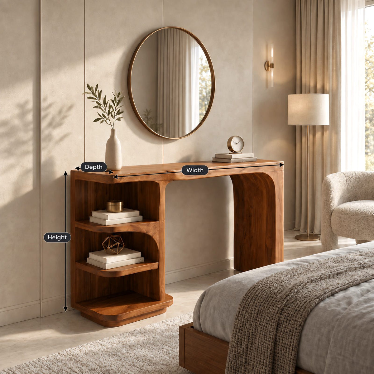 Mid Century Waterfall Vanity Desk With Curved Shelf Column For Bedroom