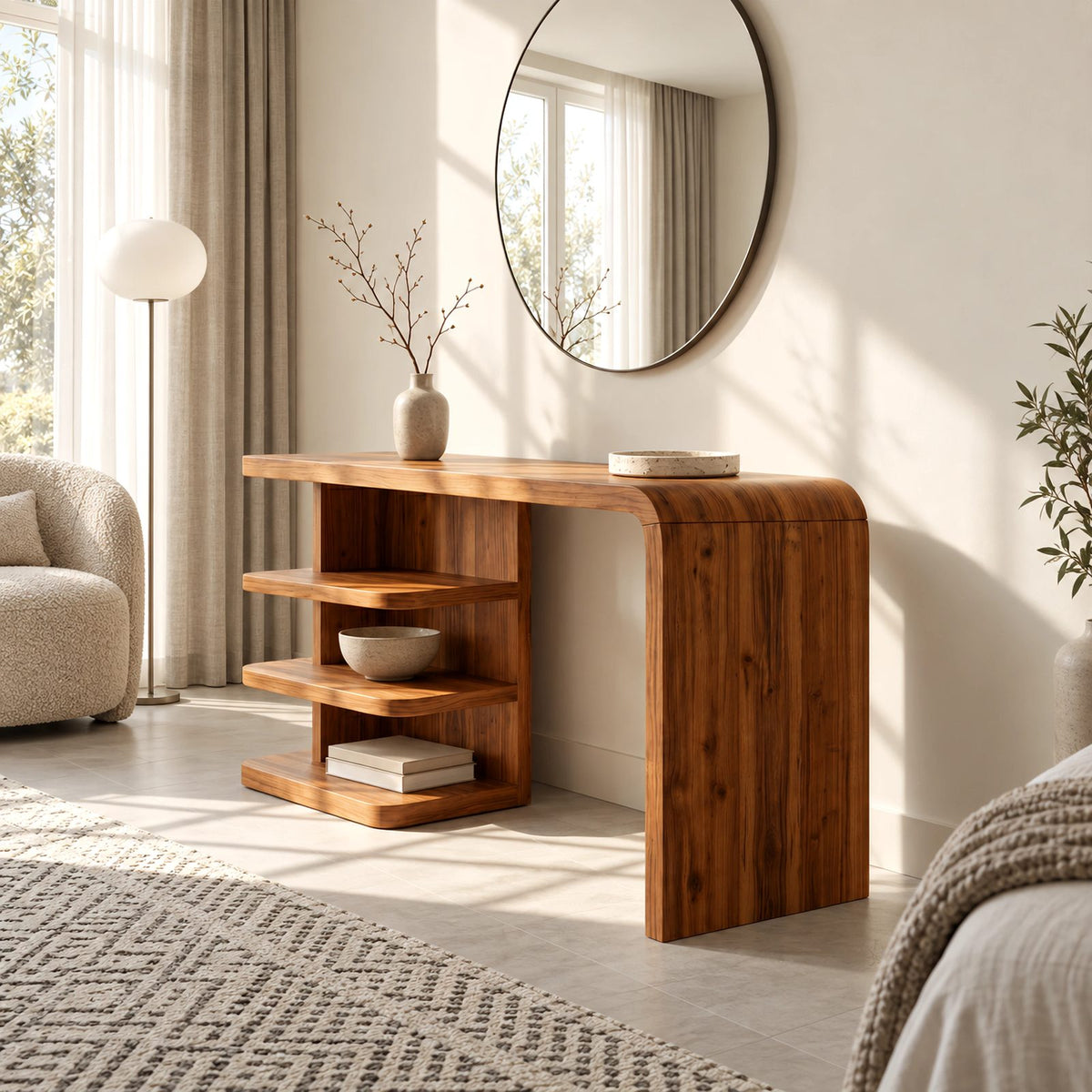 Modern Waterfall Makeup Vanity With Open Side Shelves For Bedroom