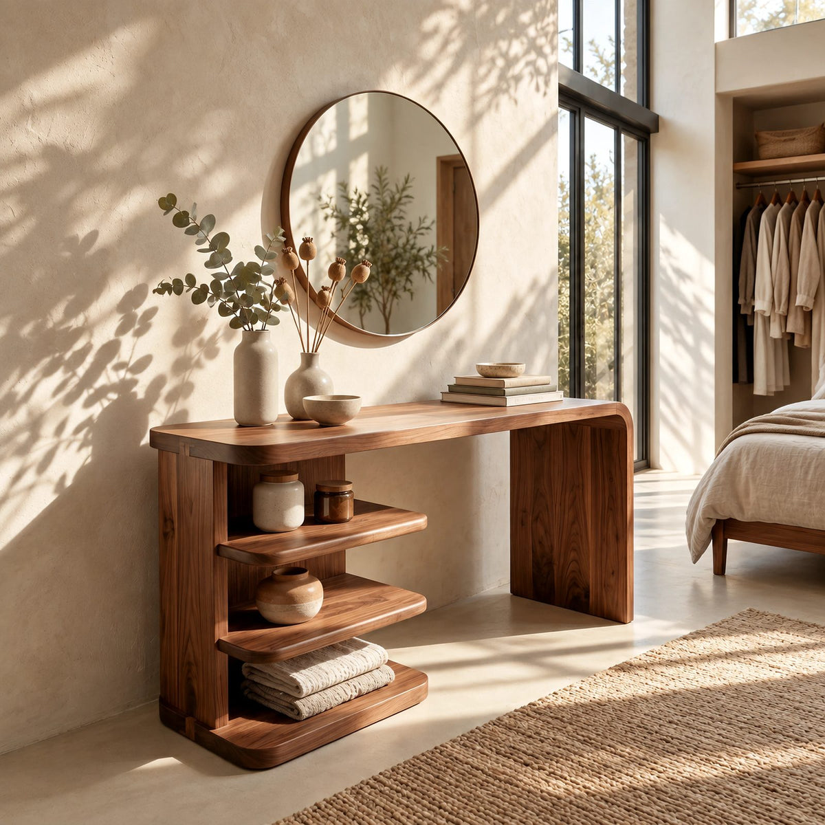 Modern Waterfall Makeup Vanity With Open Side Shelves For Bedroom