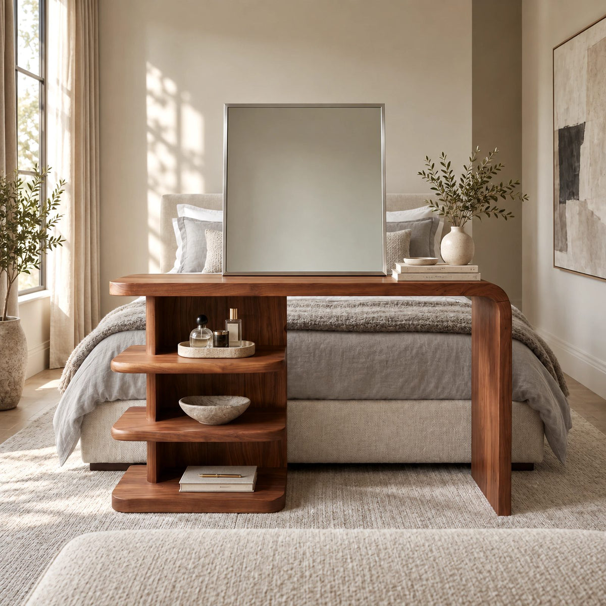 Modern Waterfall Makeup Vanity With Open Side Shelves For Bedroom