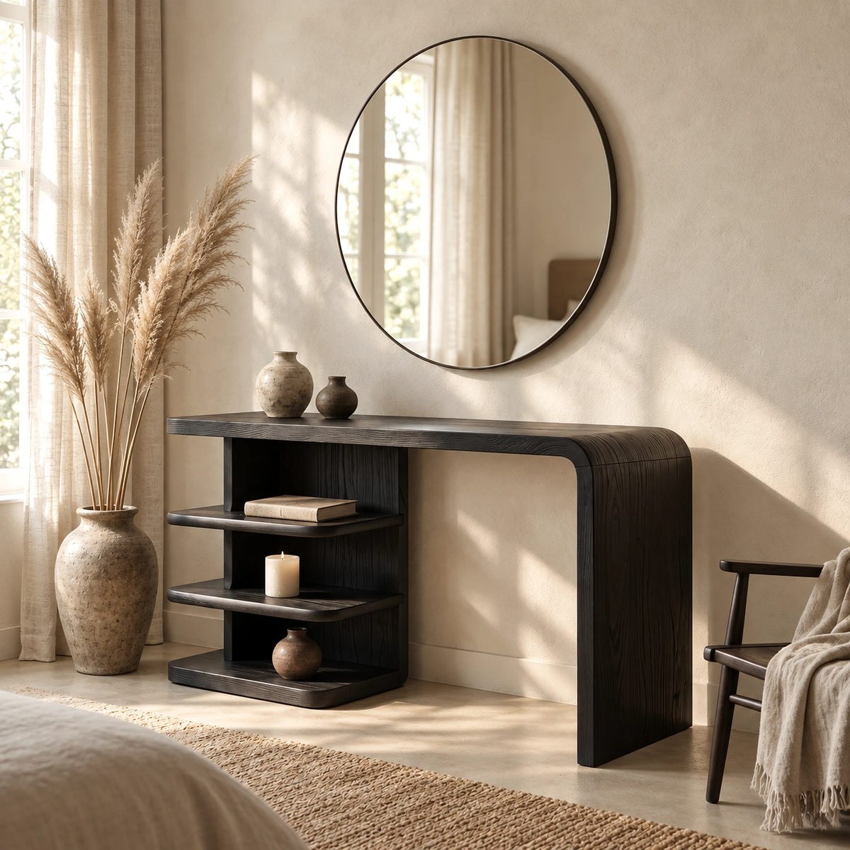 Modern Waterfall Makeup Vanity With Open Side Shelves For Bedroom