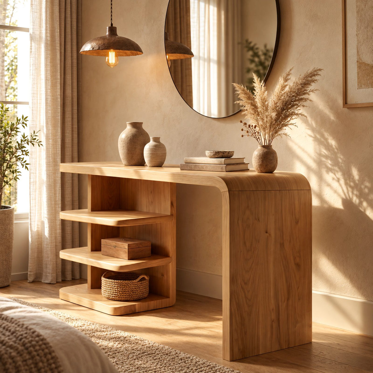 Modern Waterfall Makeup Vanity With Open Side Shelves For Bedroom