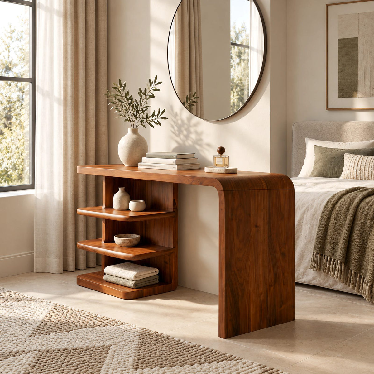 Modern Waterfall Makeup Vanity With Open Side Shelves For Bedroom