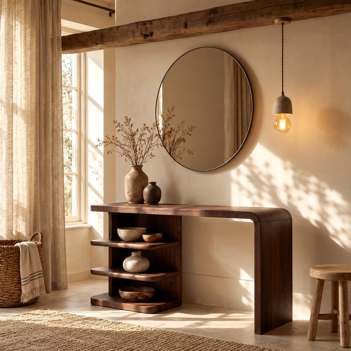 Modern Waterfall Makeup Vanity With Open Side Shelves For Bedroom