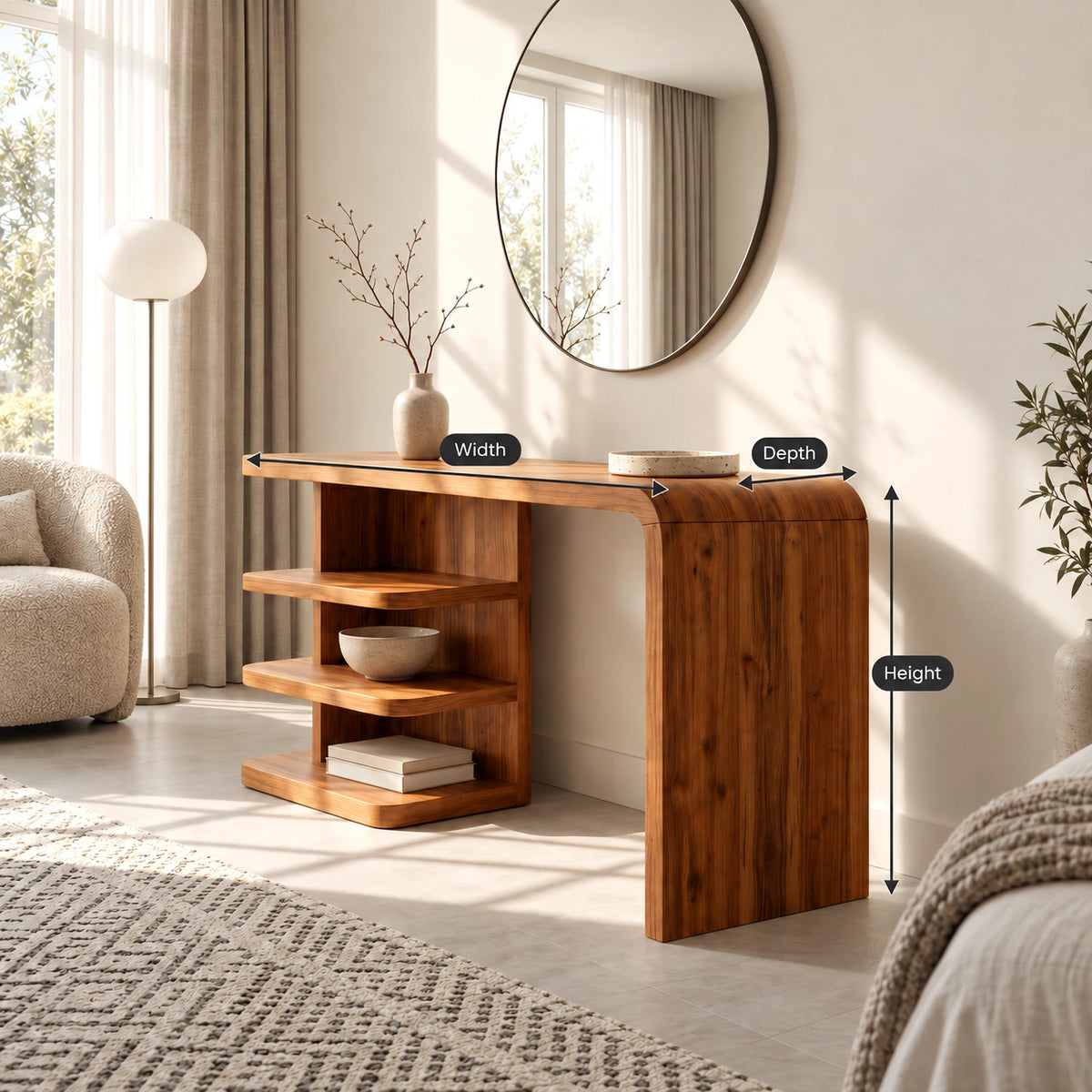 Modern Waterfall Makeup Vanity With Open Side Shelves For Bedroom
