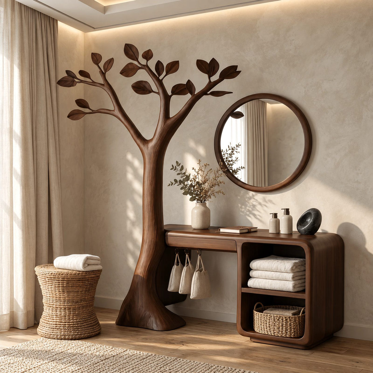 Handcrafted Carved Tree Dressing Table With Open Cubbies For Bedroom