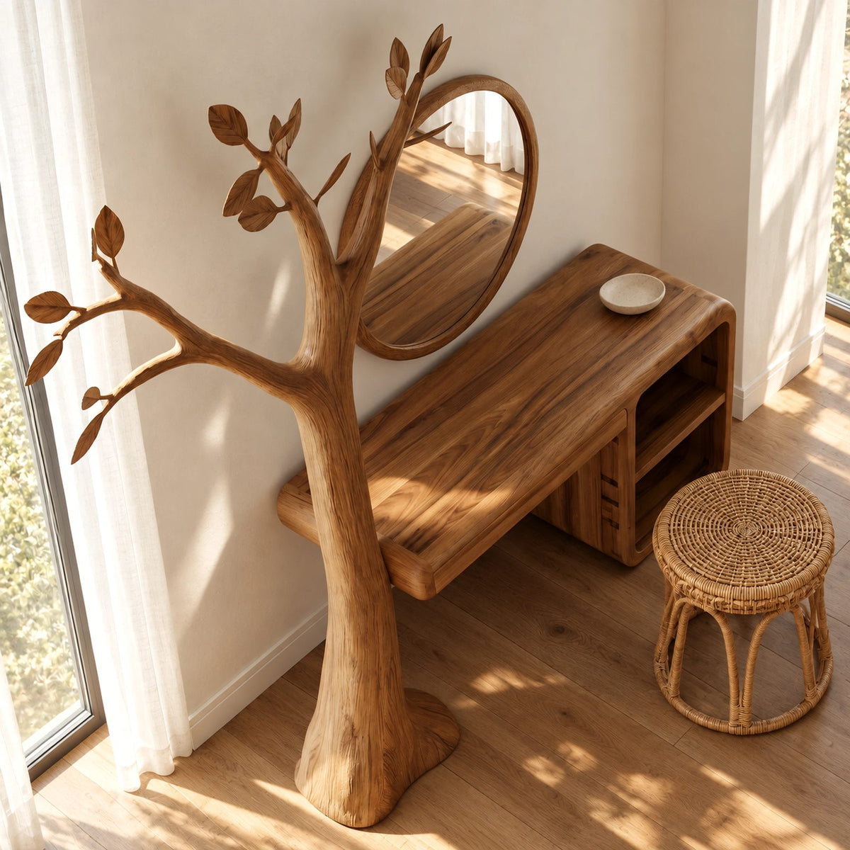 Handcrafted Carved Tree Dressing Table With Open Cubbies For Bedroom