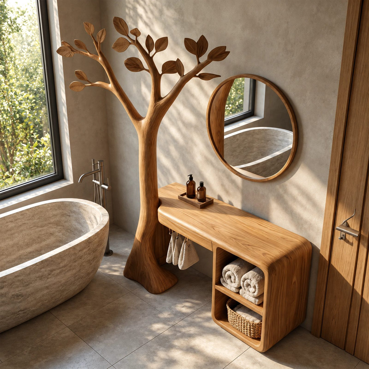 Handcrafted Carved Tree Dressing Table With Open Cubbies For Bedroom