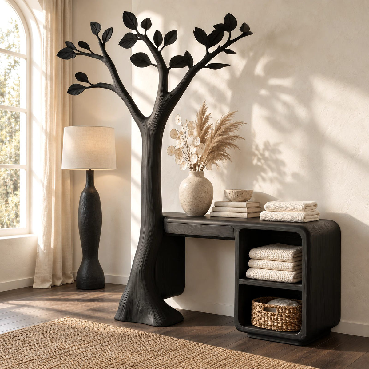 Handcrafted Carved Tree Dressing Table With Open Cubbies For Bedroom
