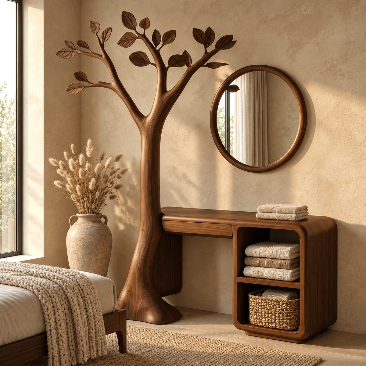 Handcrafted Carved Tree Dressing Table With Open Cubbies For Bedroom