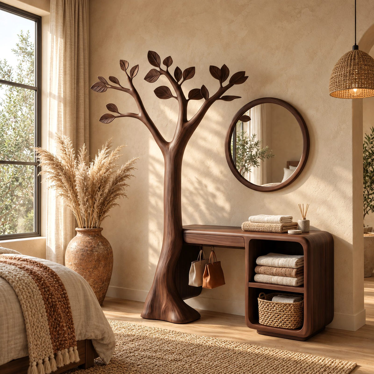 Handcrafted Carved Tree Dressing Table With Open Cubbies For Bedroom