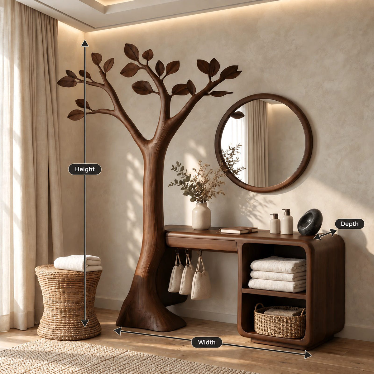 Handcrafted Carved Tree Dressing Table With Open Cubbies For Bedroom