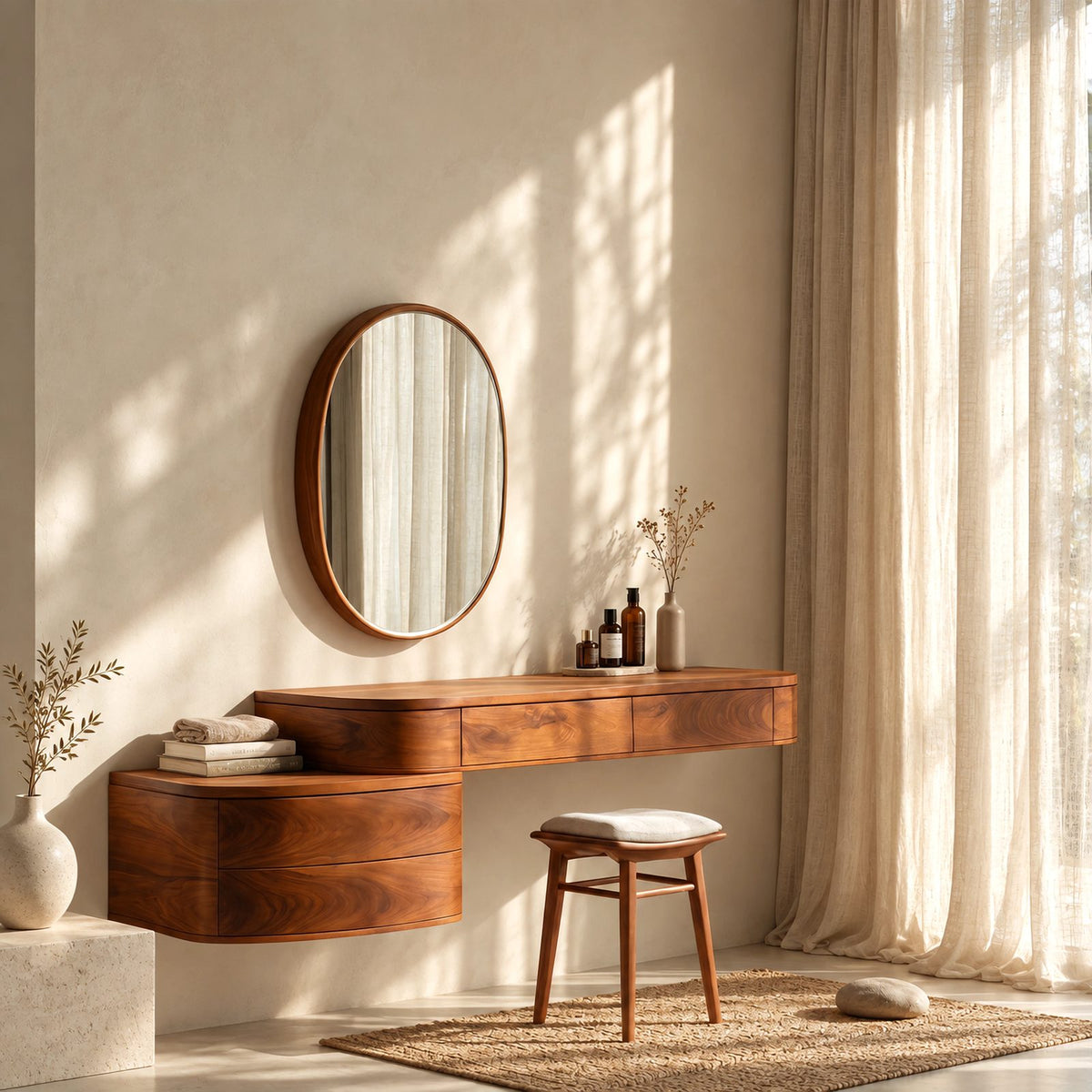 Japandi Floating Makeup Vanity With Curved Drawer Cabinet For Bedroom