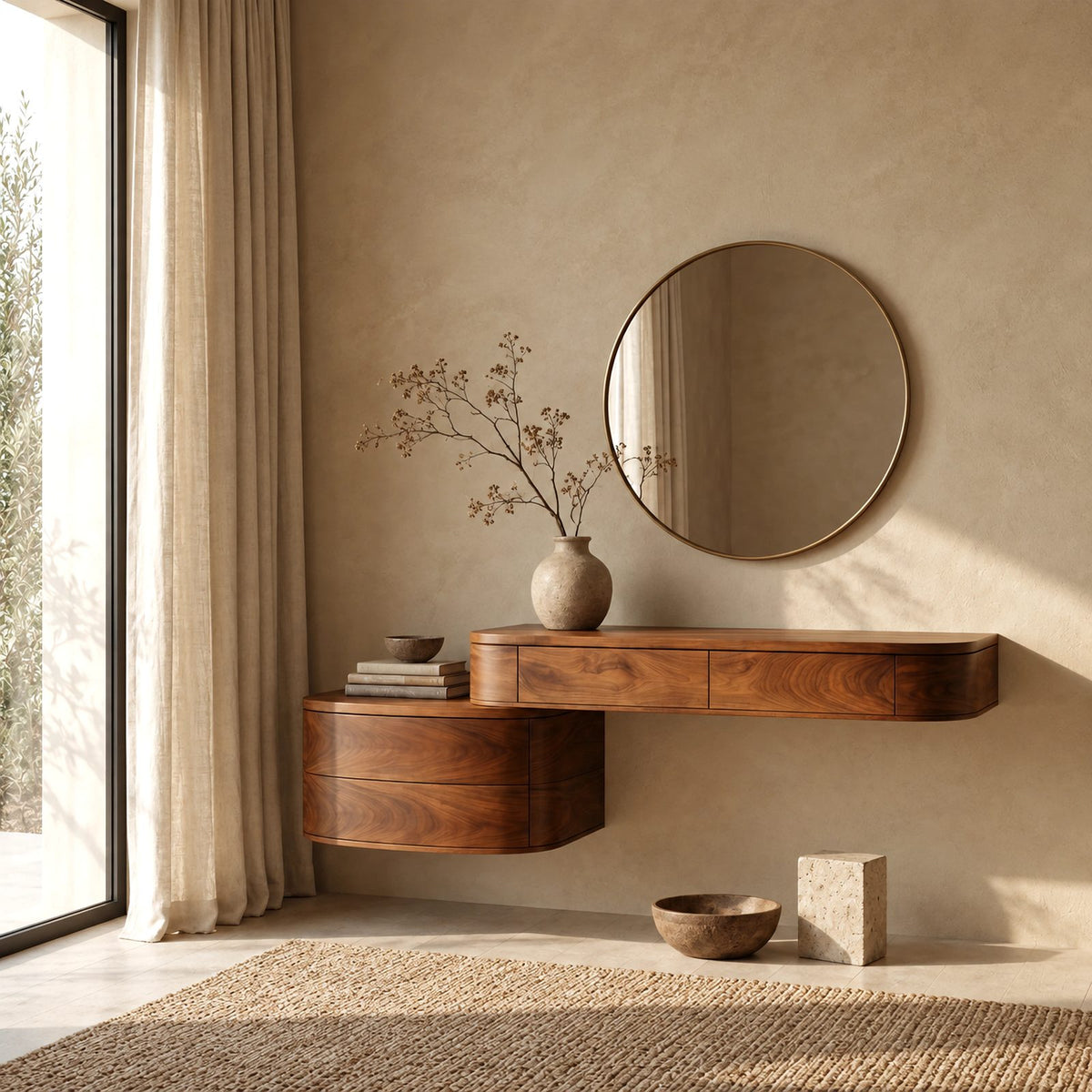 Japandi Floating Makeup Vanity With Curved Drawer Cabinet For Bedroom