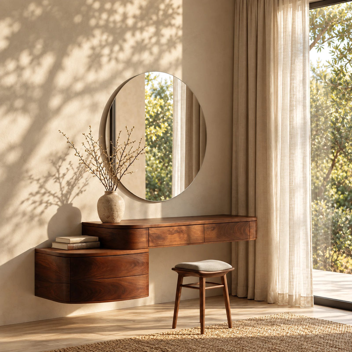 Japandi Floating Makeup Vanity With Curved Drawer Cabinet For Bedroom