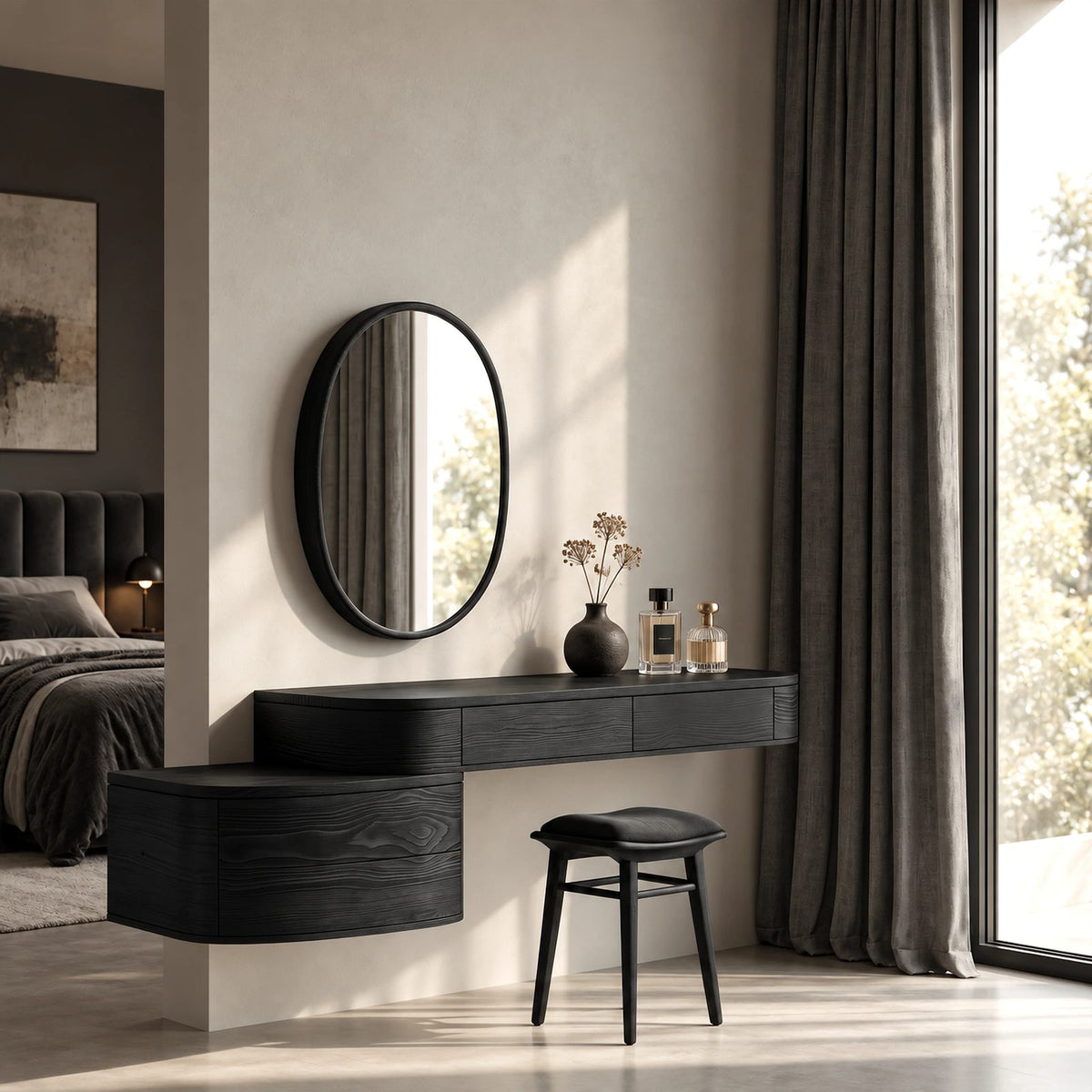Japandi Floating Makeup Vanity With Curved Drawer Cabinet For Bedroom