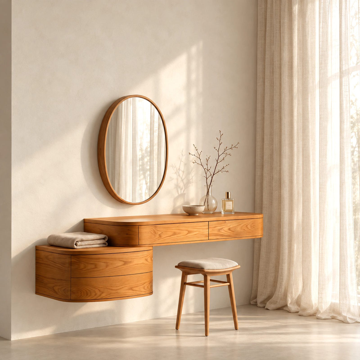Japandi Floating Makeup Vanity With Curved Drawer Cabinet For Bedroom