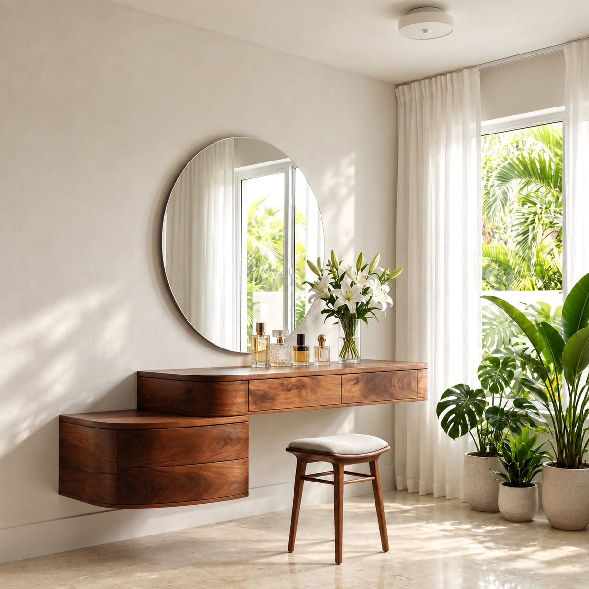 Japandi Floating Makeup Vanity With Curved Drawer Cabinet For Bedroom