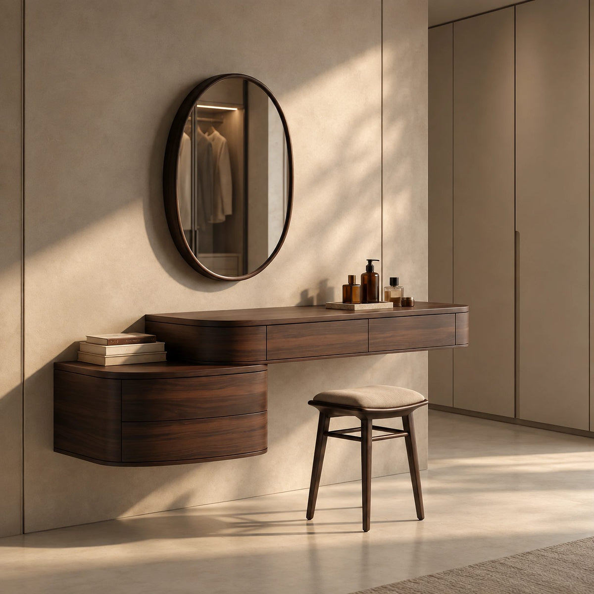 Japandi Floating Makeup Vanity With Curved Drawer Cabinet For Bedroom