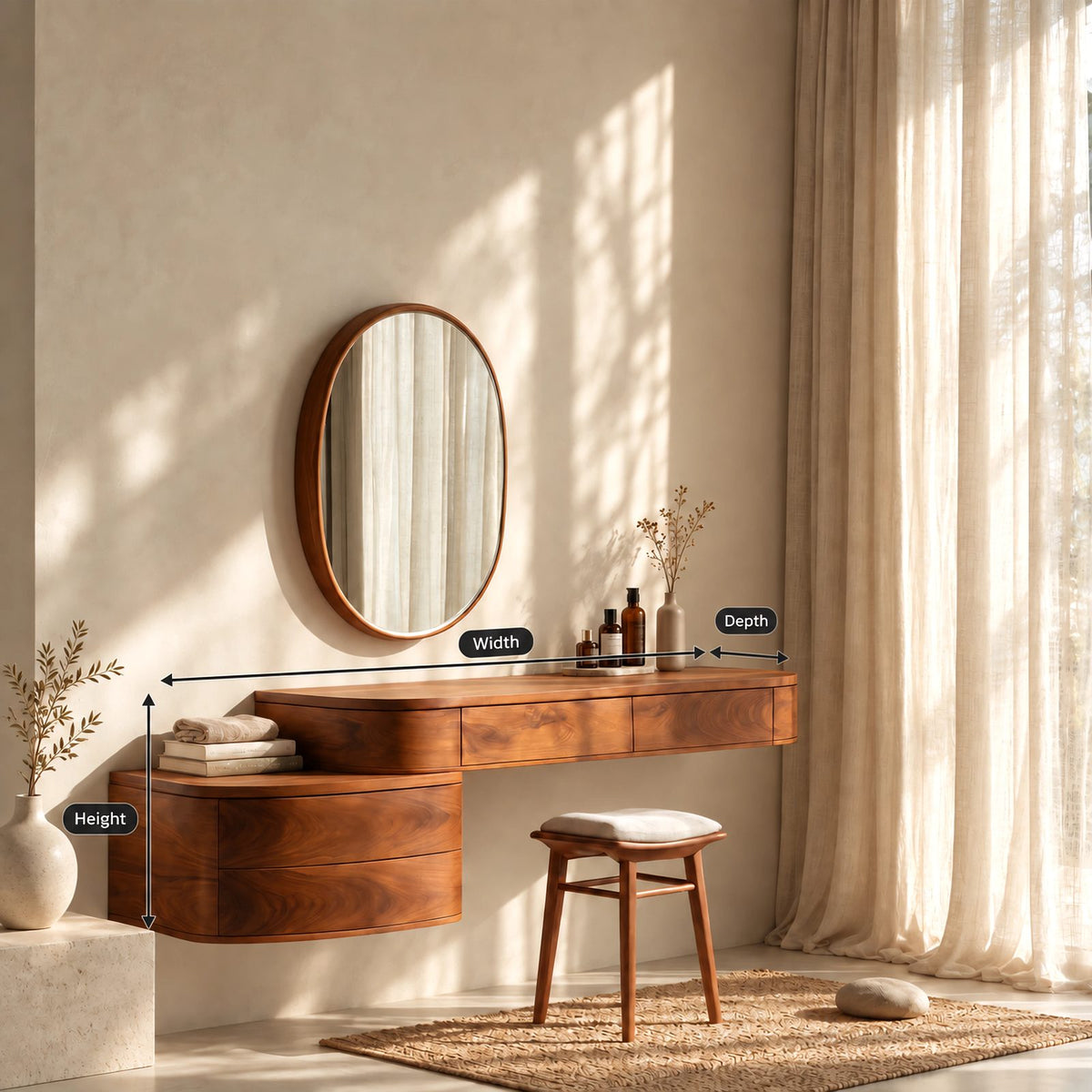 Japandi Floating Makeup Vanity With Curved Drawer Cabinet For Bedroom