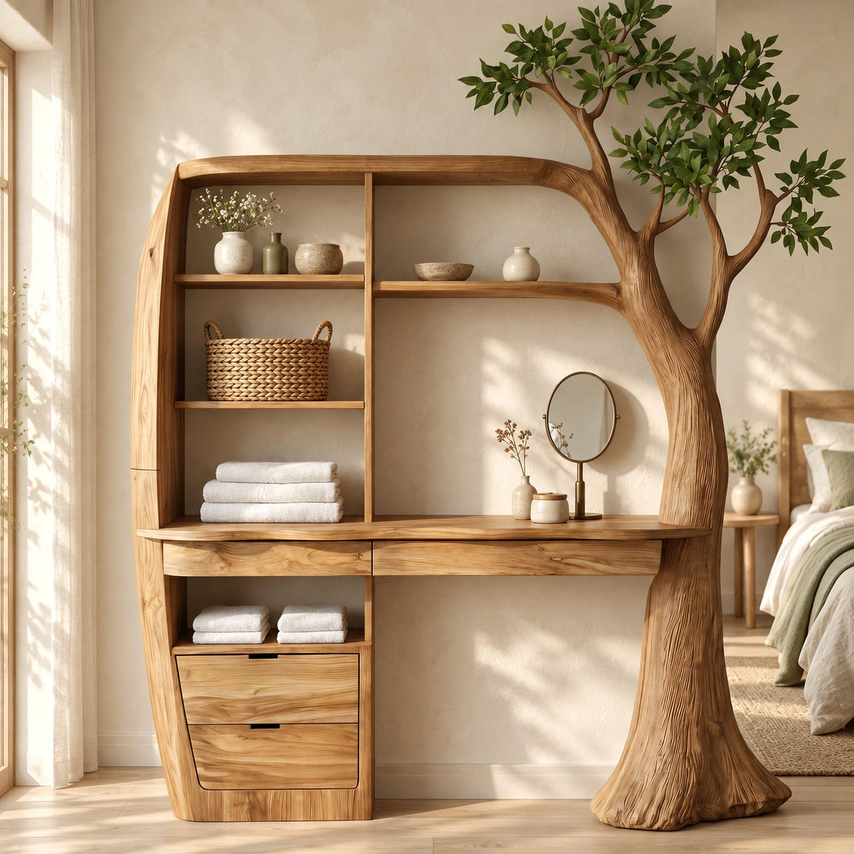 Nature Inspired Tree Trunk Vanity Desk With Built In Shelving For Bedroom