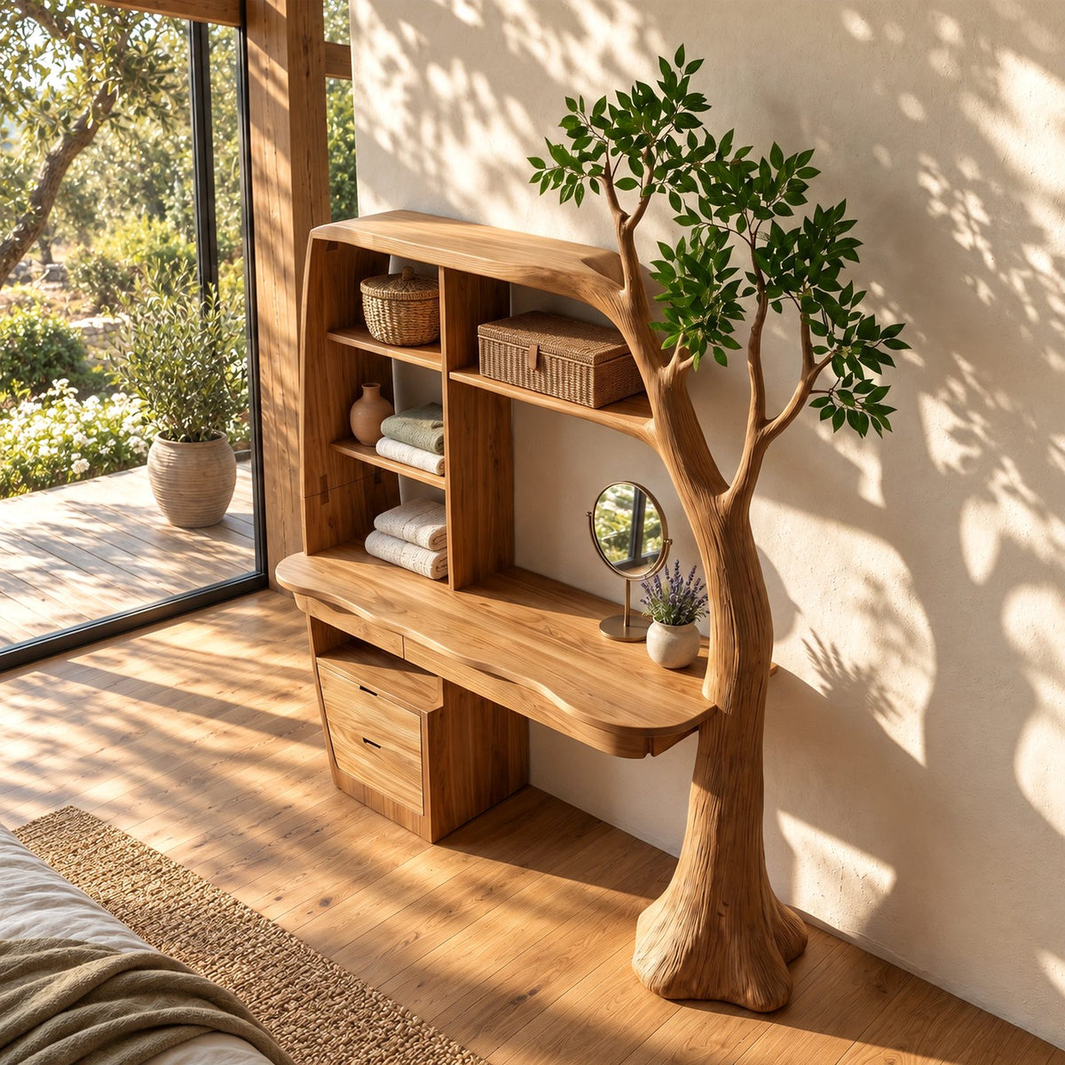 Nature Inspired Tree Trunk Vanity Desk With Built In Shelving For Bedroom