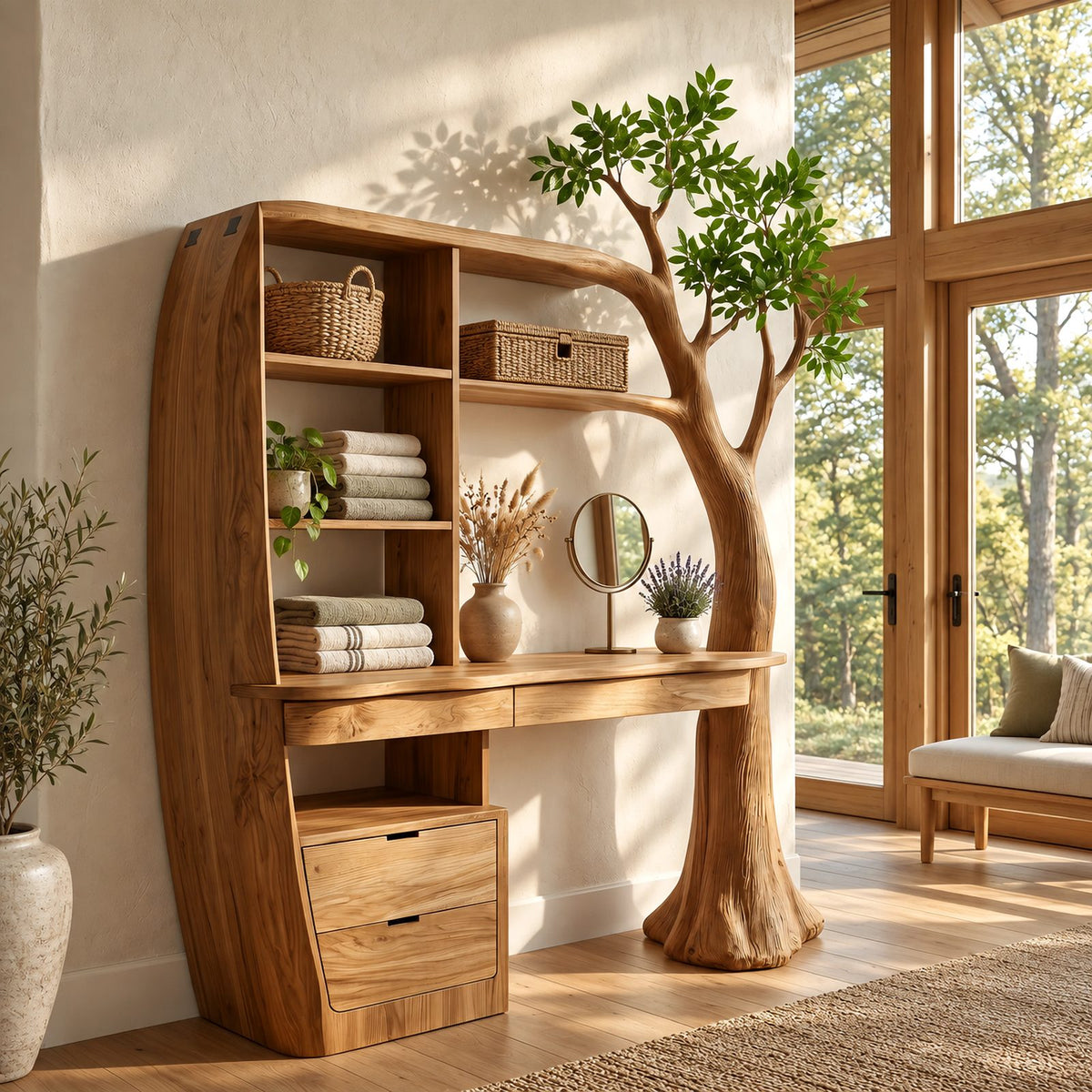 Nature Inspired Tree Trunk Vanity Desk With Built In Shelving For Bedroom