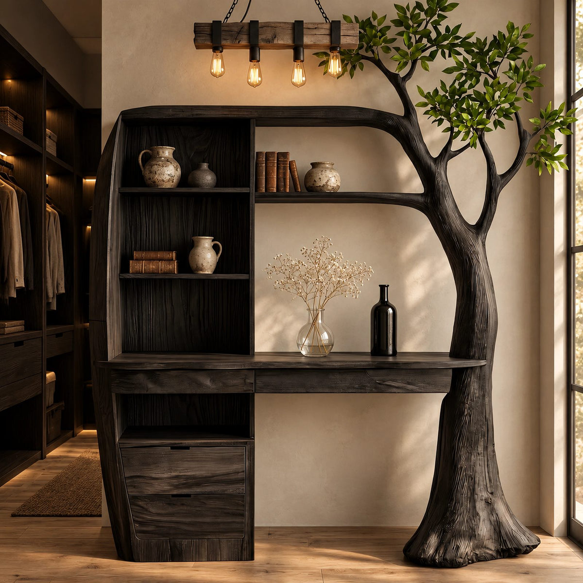 Nature Inspired Tree Trunk Vanity Desk With Built In Shelving For Bedroom
