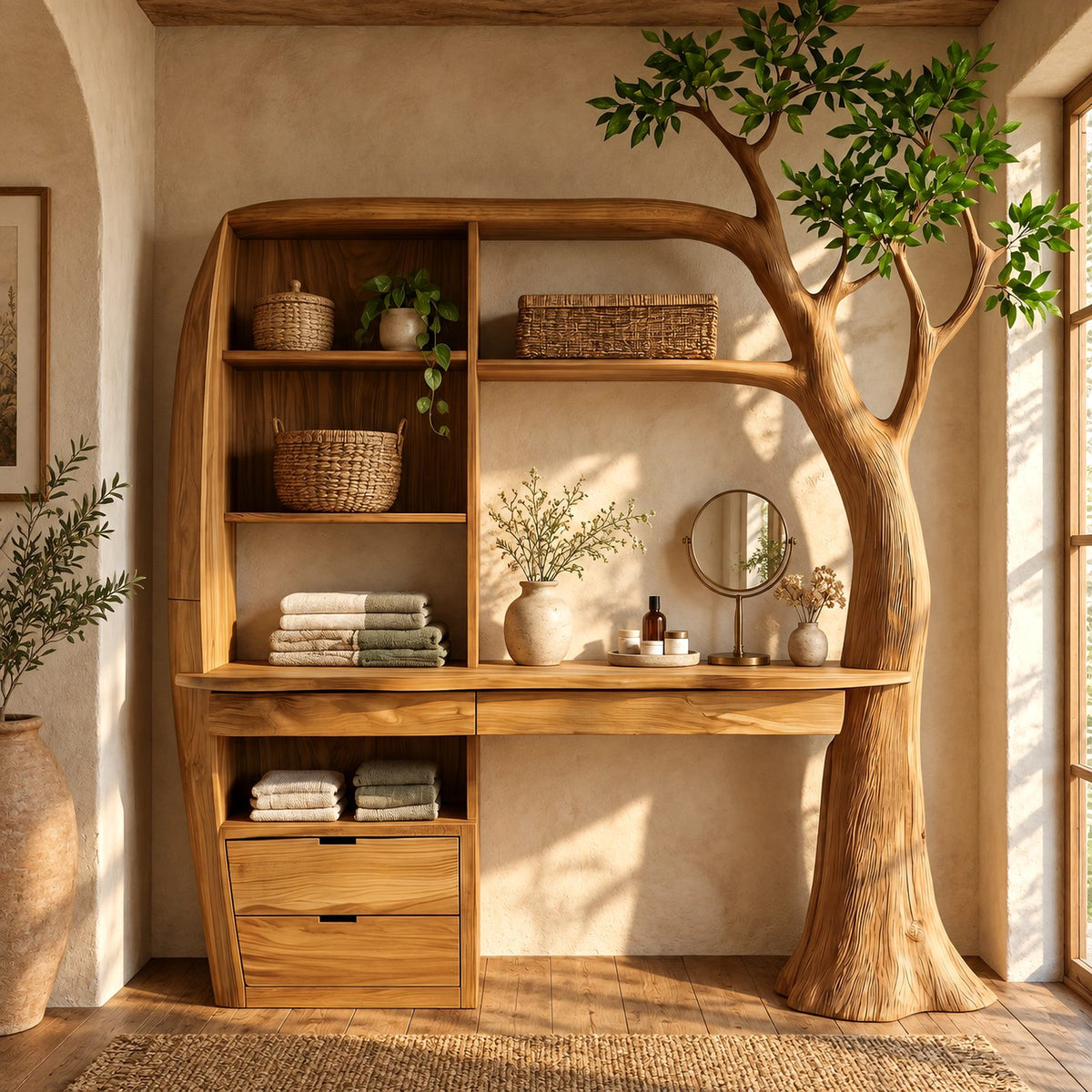 Nature Inspired Tree Trunk Vanity Desk With Built In Shelving For Bedroom