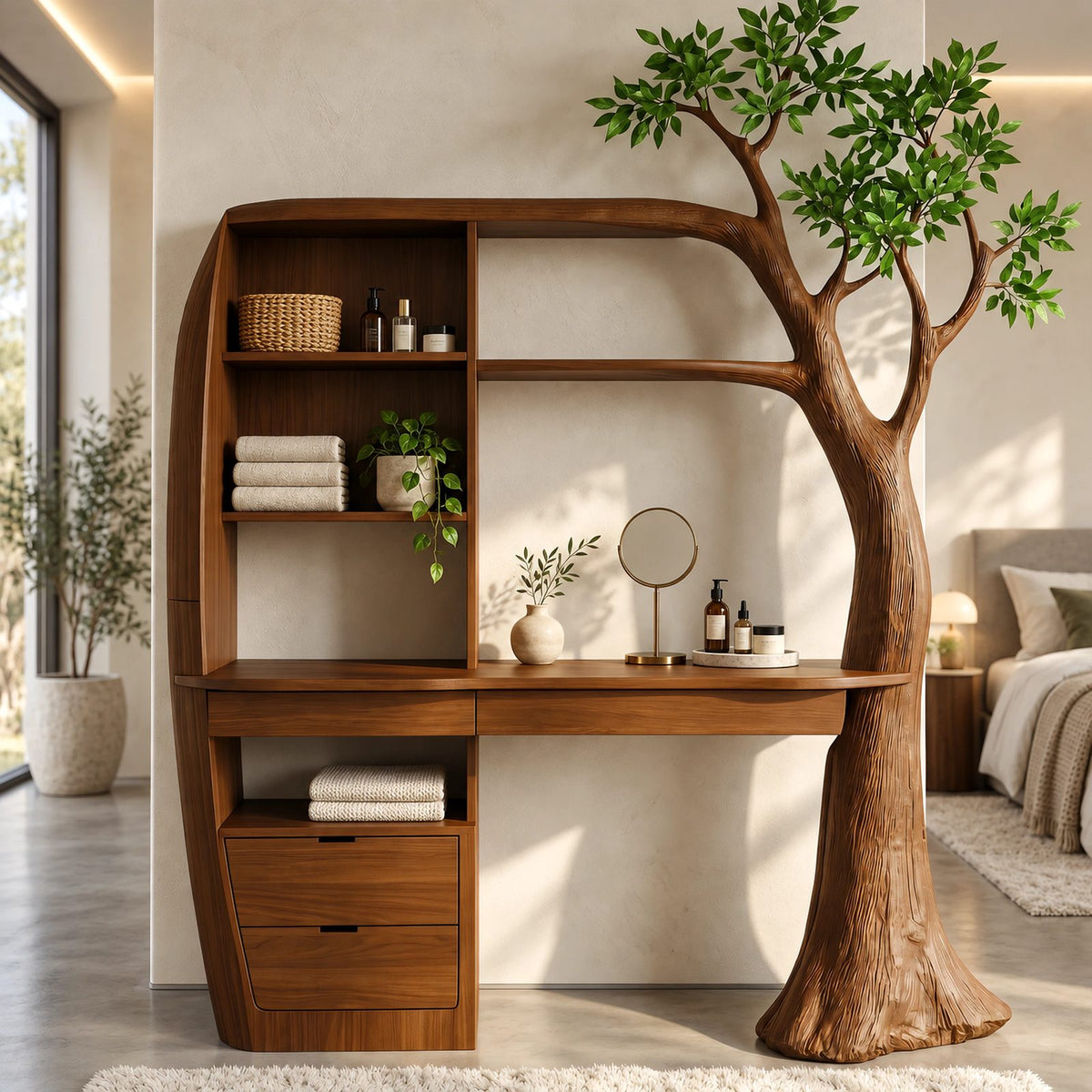 Nature Inspired Tree Trunk Vanity Desk With Built In Shelving For Bedroom