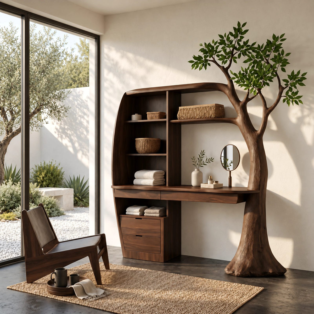 Nature Inspired Tree Trunk Vanity Desk With Built In Shelving For Bedroom