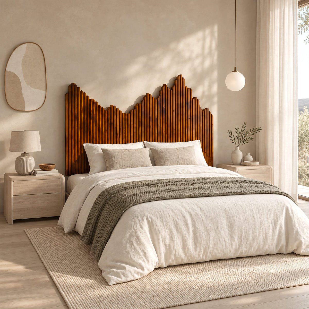 Contemporary Reeded Wood Headboard With Mountain Skyline Top For Bedroom