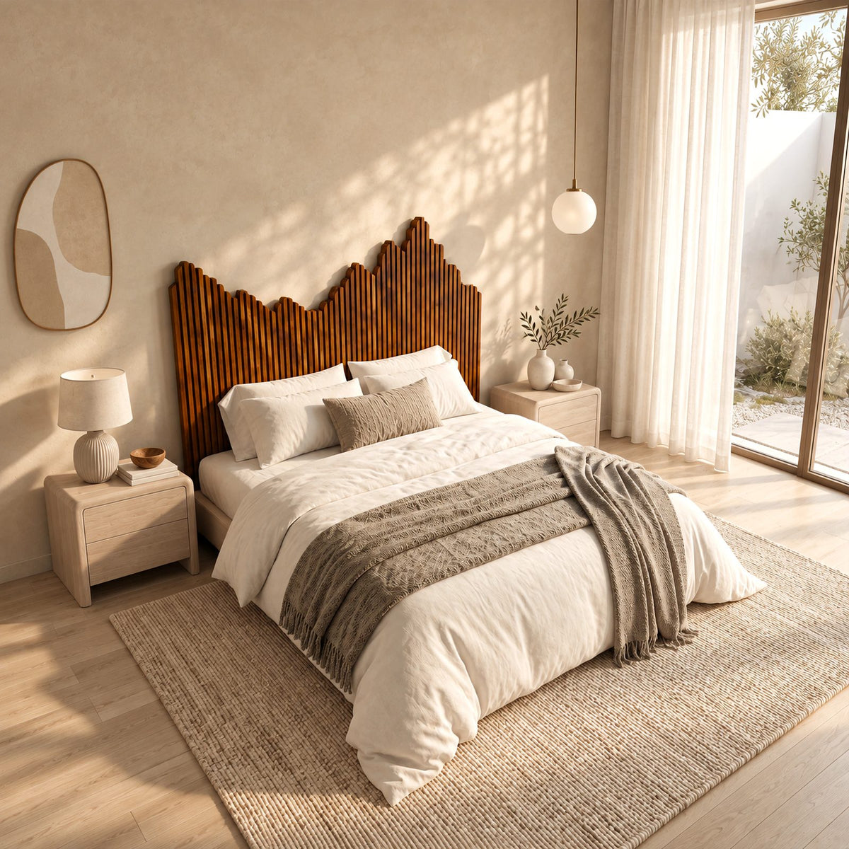 Contemporary Reeded Wood Headboard With Mountain Skyline Top For Bedroom
