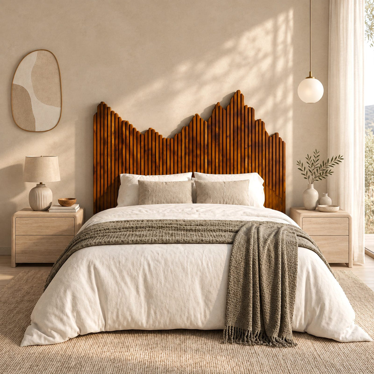 Contemporary Reeded Wood Headboard With Mountain Skyline Top For Bedroom
