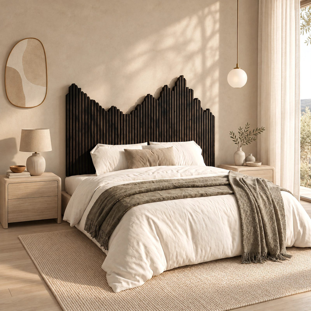 Contemporary Reeded Wood Headboard With Mountain Skyline Top For Bedroom