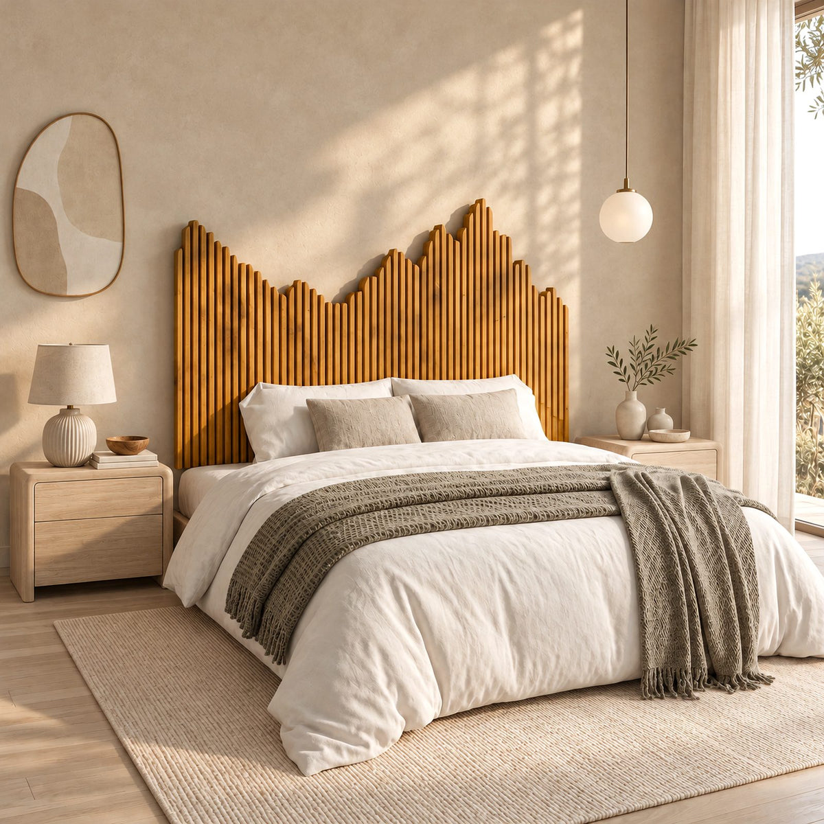 Contemporary Reeded Wood Headboard With Mountain Skyline Top For Bedroom