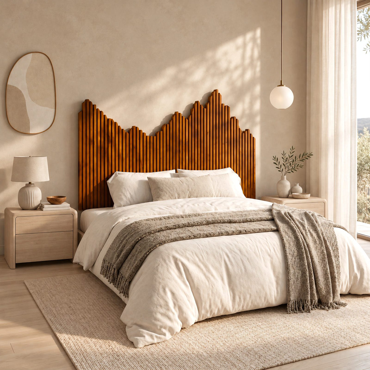 Contemporary Reeded Wood Headboard With Mountain Skyline Top For Bedroom