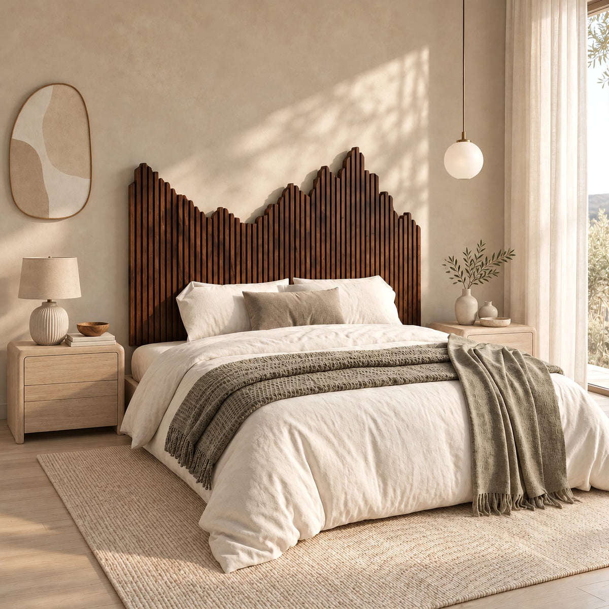 Contemporary Reeded Wood Headboard With Mountain Skyline Top For Bedroom