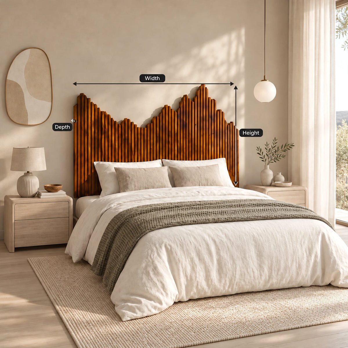 Contemporary Reeded Wood Headboard With Mountain Skyline Top For Bedroom
