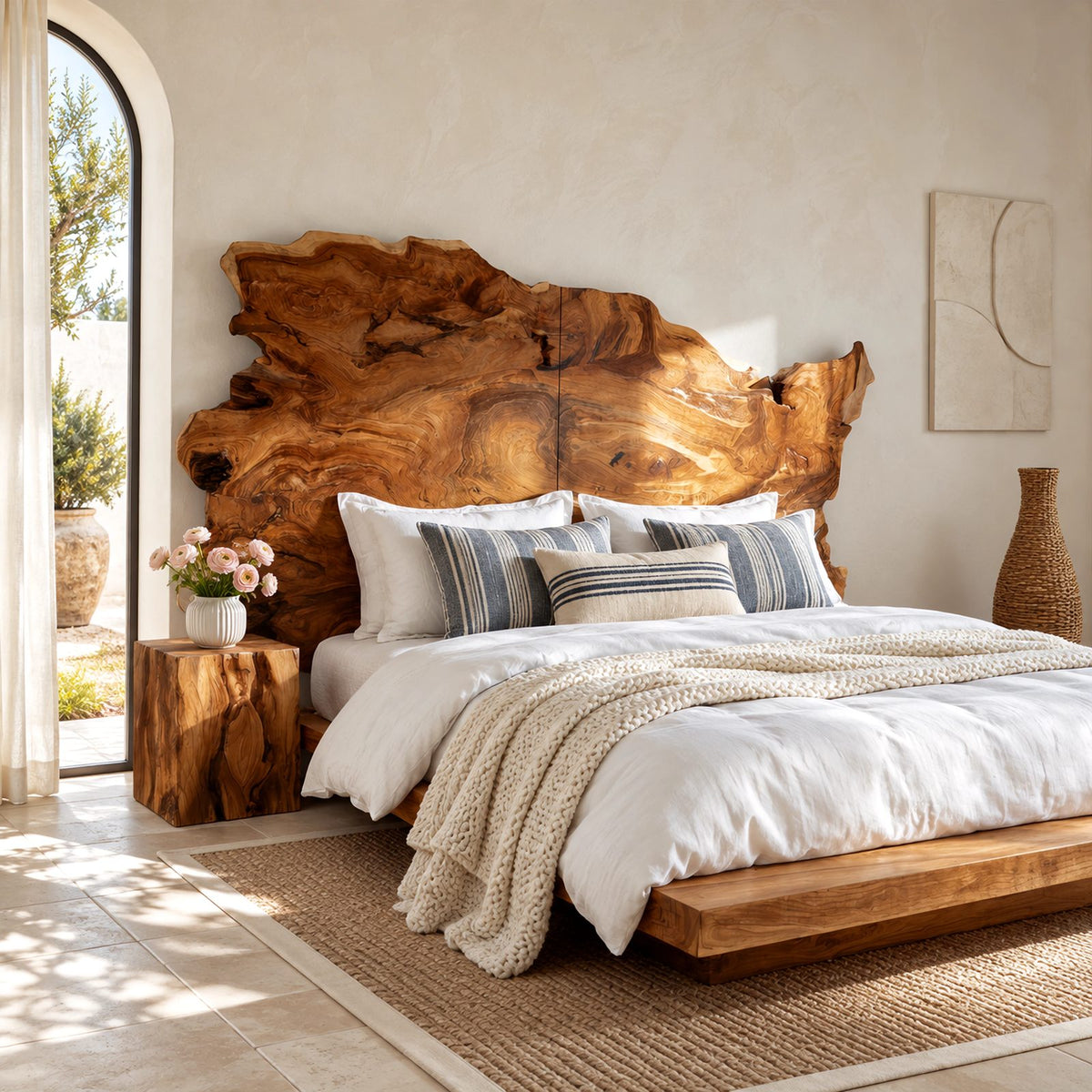 Live Edge Freeform Wood Slab Headboard With Burl Grain Outline For Bedroom