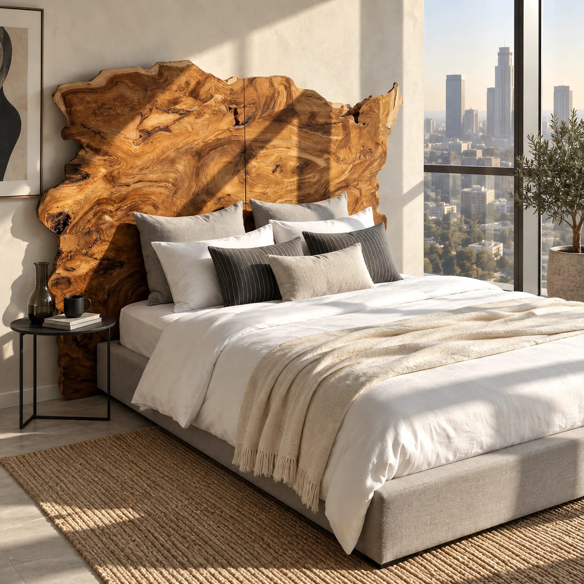 Live Edge Freeform Wood Slab Headboard With Burl Grain Outline For Bedroom