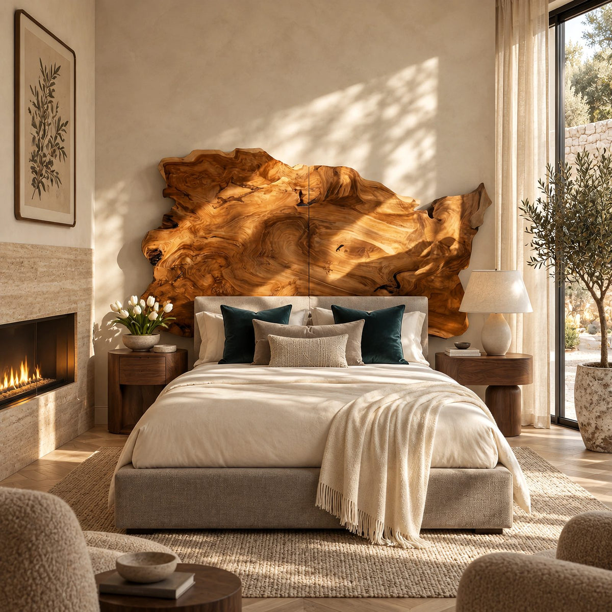 Live Edge Freeform Wood Slab Headboard With Burl Grain Outline For Bedroom
