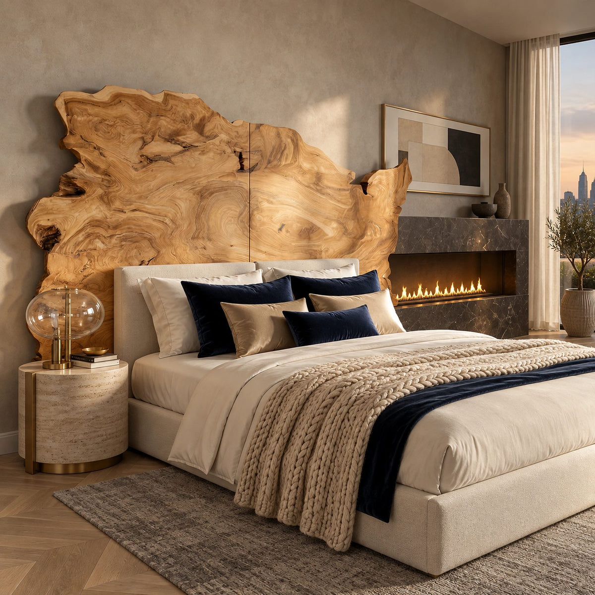 Live Edge Freeform Wood Slab Headboard With Burl Grain Outline For Bedroom