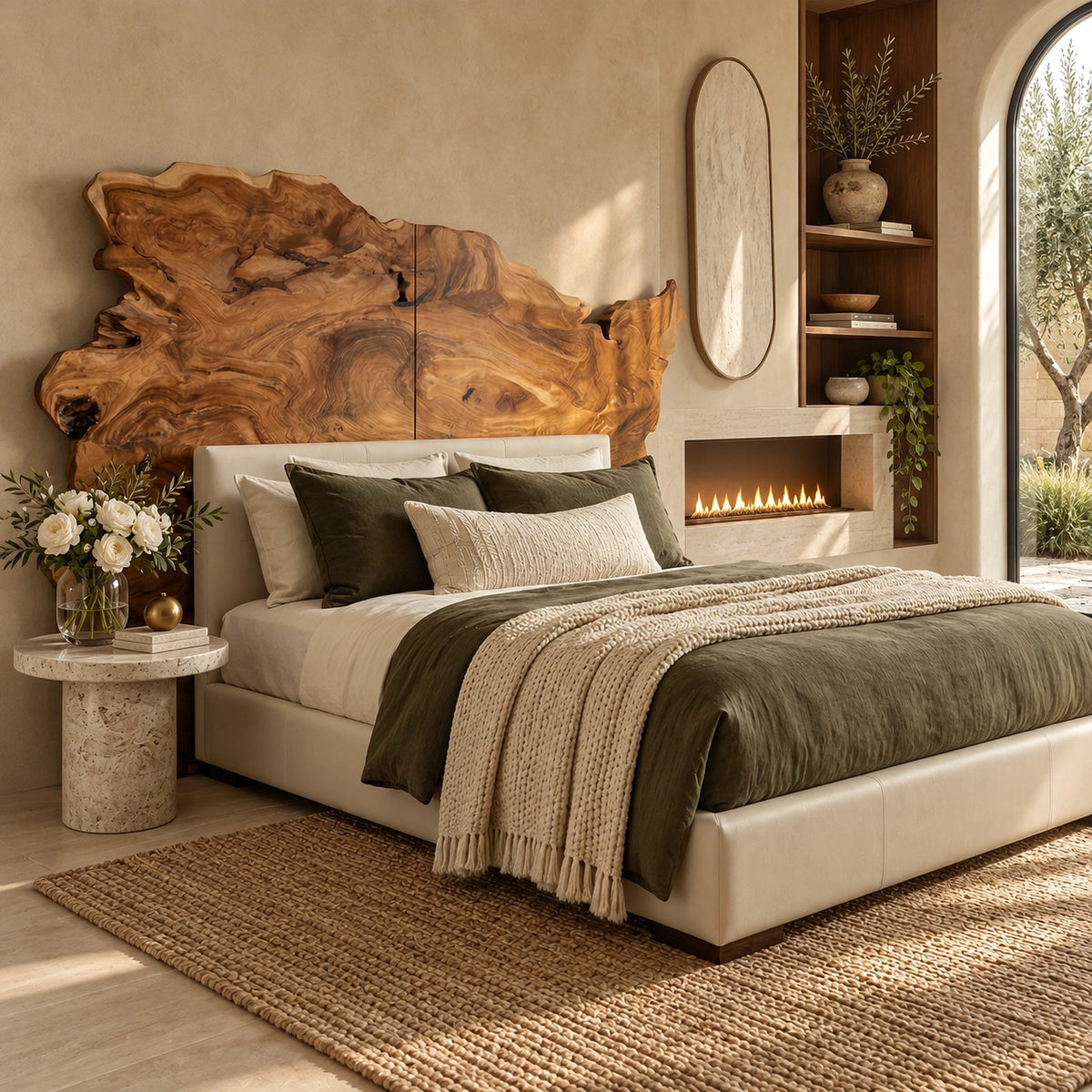 Live Edge Freeform Wood Slab Headboard With Burl Grain Outline For Bedroom