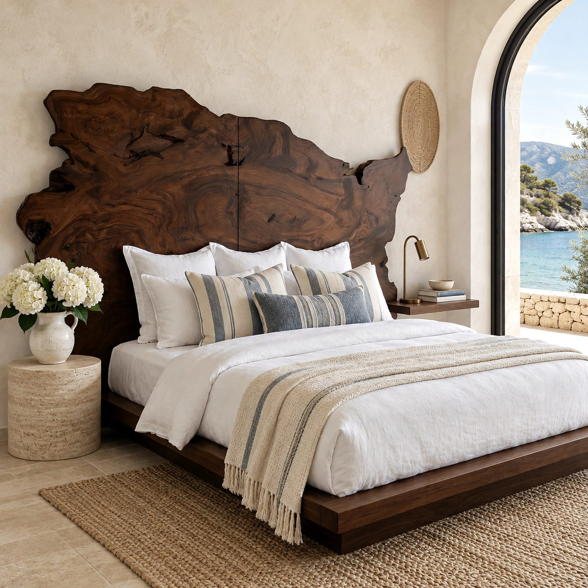 Live Edge Freeform Wood Slab Headboard With Burl Grain Outline For Bedroom