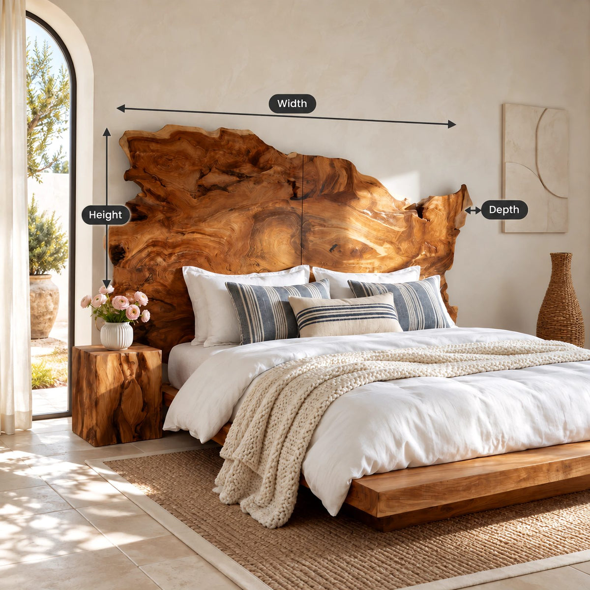 Live Edge Freeform Wood Slab Headboard With Burl Grain Outline For Bedroom