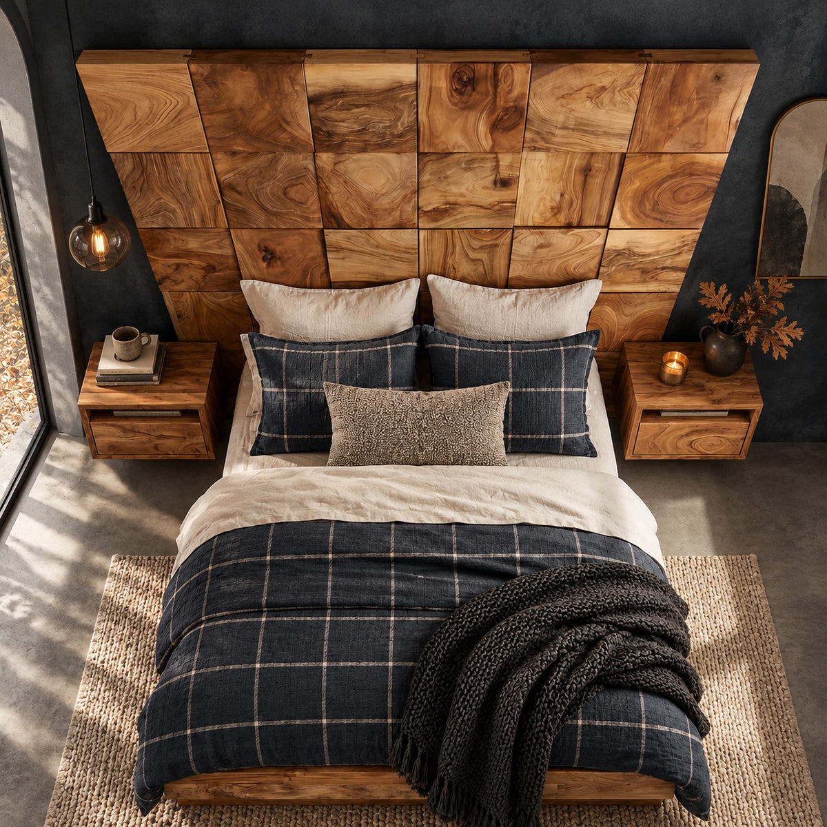 Farmhouse Square Block Wooden Headboard With 3D Grid Panels For Bedroom