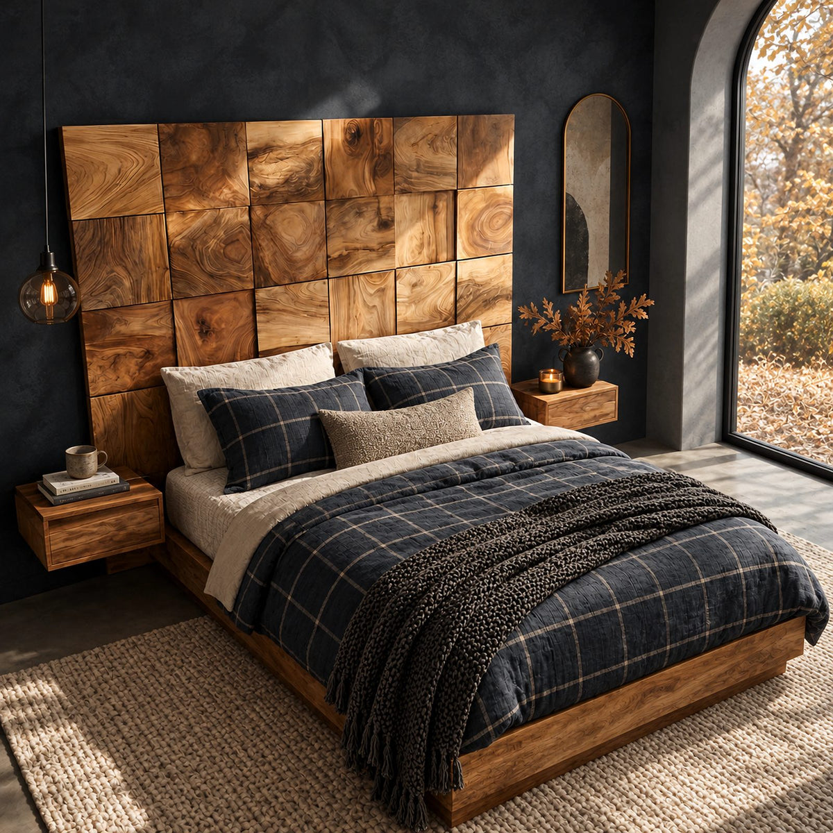 Farmhouse Square Block Wooden Headboard With 3D Grid Panels For Bedroom